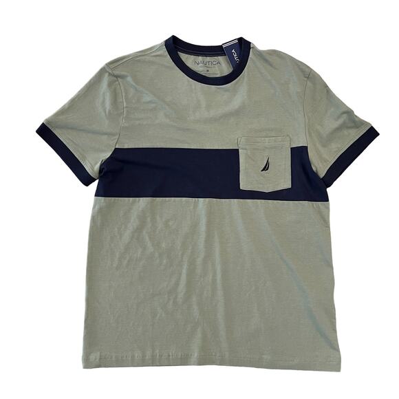 NWT Nautica Men’s Olive Green & Navy Short Sleeve Pocket Tee - M - Picture 1 of 6